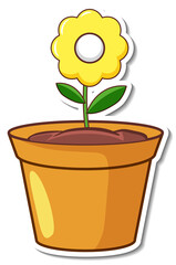 Sticker design with a yellow flower in a pot isolated