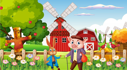 Farm at daytime scene with rabbit and pig