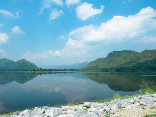 Nature view mountain and lake with blue sky and white cloudy landscape and valley shadow in the river,Beautiful natural for travel