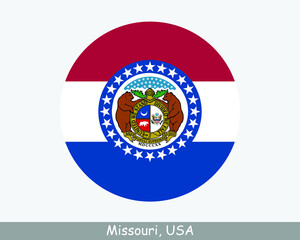 Missouri Round Circle Flag. MO USA State Circular Button Banner Icon. Missouri United States of America State Flag. Show Me State, Cave State, Mother of the West EPS Vector