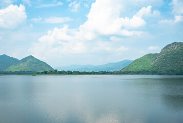 Obraz premium River with mountain and valley and blue sky white clouds landscape in nature beautiful,Winter season
