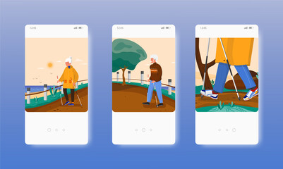 Happy elderly people walking with nordic poles. Mobile app screens, vector website banner template. UI, web site design.