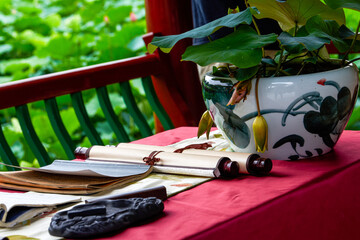 Traditional Chinese calligraphy art desk, pen, ink, paper and inkstone