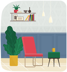 Room interior with colorful armchair, plants and coffee table for relaxing and podcasting. Room for interview interior design with furniture and decorations. Arrangement of furniture in studio