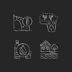 Water stress chalk white icons set on dark background. Desert expansion. Urban runoff management. Lacking drinking water. Water-related disaster. Isolated vector chalkboard illustrations on black