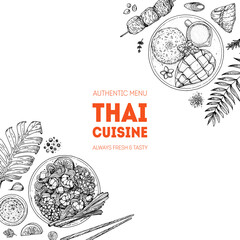 Thai food top view vector illustration. Food menu design template. Hand drawn sketch. Thai food menu. Vintage style.