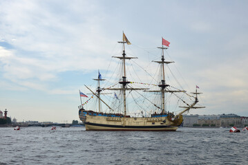 Sailing ship on a naval parade on the Neva River in St. Petersburg.