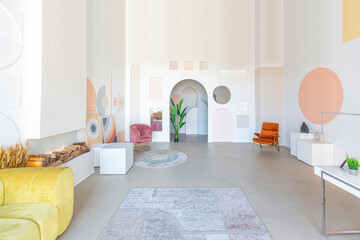 modern open-plan room interior in futuristic style in pastel colors with graphic wall decoration....