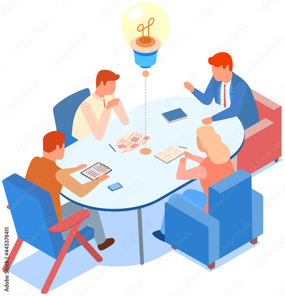Poster idea symbol in form of lightbulb. colleagues communicate and discuss startup during meeting in offic