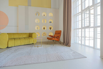 modern open-plan room interior in futuristic style in pastel colors with graphic wall decoration....