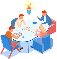 Idea symbol in form of lightbulb. Colleagues communicate and discuss startup during meeting in office. Businesspeople are planning business idea. Planning startup, lightbulb as symbol of new project