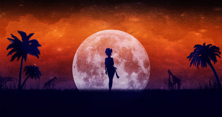 Magic landscape a night Africa with a silhouette of girl on the background of the starry sky and big moon, fantasy nature of Savannah with palms and giraffes, with a orange sky and dark grass.