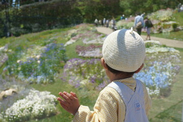 花畑をみつめる子供