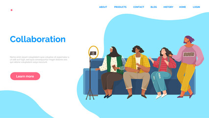 Collaboration landing page template, successful team. Workers meeting at office, joint work. Mutually beneficial cooperation in field of multimedia. Group of people record video together in studio
