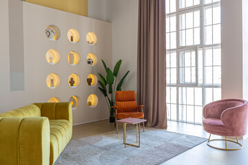 modern open-plan room interior in futuristic style in pastel colors with graphic wall decoration....