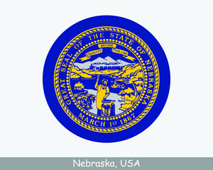 Nebraska Round Circle Flag. NE USA State Circular Button Banner Icon. Nebraska United States of America State Flag. Cornhusker State EPS Vector - obrazy, fototapety, plakaty