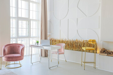 modern open-plan room interior in futuristic style in pastel colors with graphic wall decoration. very high ceilings and a huge window. soft stylish furniture with gold metallic elements