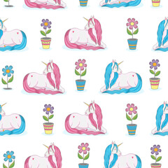 Cute seamless texture. Sleeping unicorns, pink and blue on a background of flowers. For fabric, wallpaper, background, textiles, wrappers.