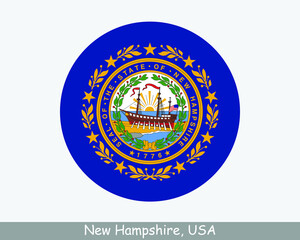 New Hampshire Round Circle Flag. NH USA State Circular Button Banner Icon. New Hampshire United States of America State Flag. The Granite State, The White Mountain State, EPS Vector