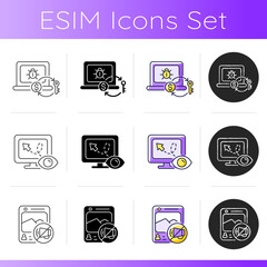 Internet censorship icons set. Ransomware. Mouse movement tracking. Social media censoring. Malicious software. Online environments. Linear, black and RGB color styles. Isolated vector illustrations