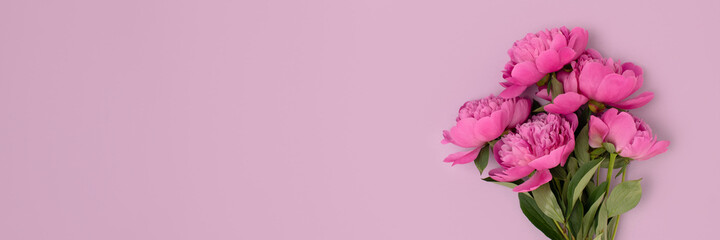 Peony flowers bouquet on a purple pastel background. Minimalistic floral composition with copyspace.