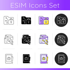 Internet privacy icons set. Data encryption. Digital footprints. Web beacon. Security methods. Statistics collection. Linear, black and RGB color styles. Isolated vector illustrations