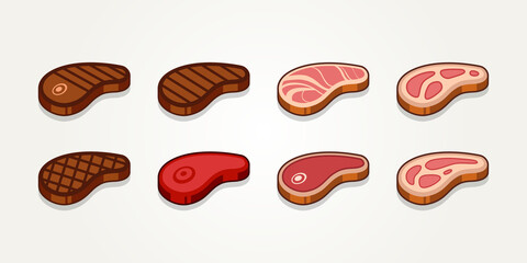 set of raw meat and grilled beef steak flat vector icons with outline illustration design template. simple barbecue or butcher shop bundle icon logo concept inspiration