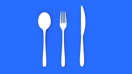 3d rendering of metal cutlery on a blue background. Knife, spoon and fork. Modern design. Backgrounds for the interior of the kitchen