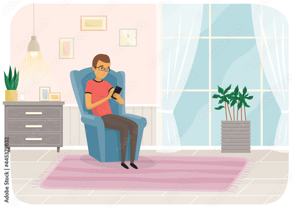 Poster man uses smartphone while sitting on chair. internet surfing or reading article. guy looks at screen