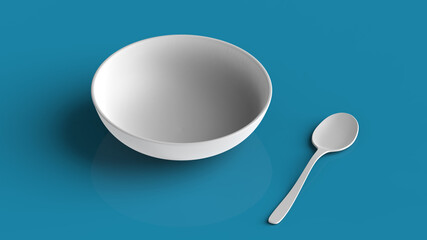 Image of plate and spoon on a blue background. 3D rendering of a set of cookware. Minimalist image