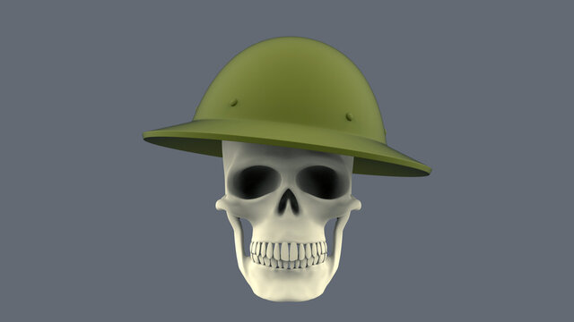 3d render full face skull military british helmet on a black background. Soldier skull image