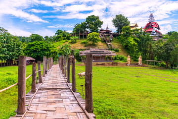 Bamboo bridge is name Su Tong Pe bridge across field in Mae Hong Son province, Thailand.