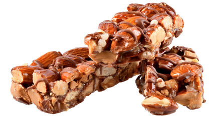 Chocolate bar with caramel, almonds and puffed rice isolated