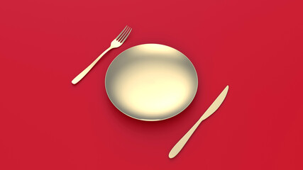 3d rendering of golden cookware on a red background. Plate, knife and fork. Modern design. Backgrounds for the interior of the kitchen
