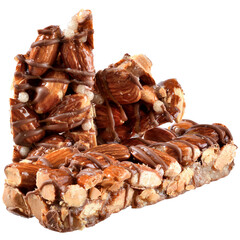 Chocolate bar with caramel, almonds and puffed rice isolated