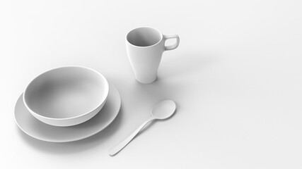 3d rendering set of white crockery on a white background. Modern design style of minimalism