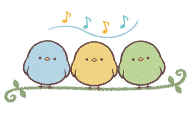 歌を歌う水色の小鳥と黄色の小鳥と緑色の小鳥