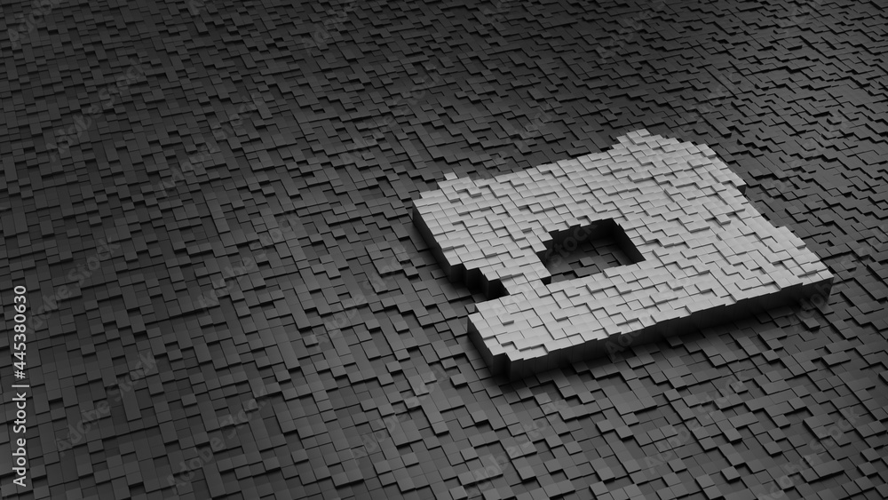 Poster 33d rendering cubes in shape of symbol of sewing machine light colored on dark