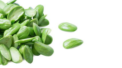 Sato seeds or bitter bean many isolated on white background.