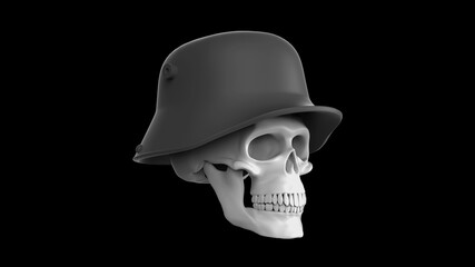 Skull in military german helmet on a black background. 3d render skull of war