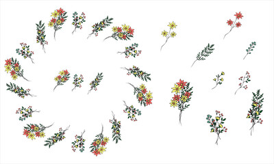 Decorative wreath of flowers and plants in doodle style. Pattern brush.Elements of circle.Hand drawing. Isolated object on a white background.