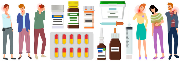 Sad people suffering from pain stand next to medicines, tablets, ointments for treatment of diseases. Painful sensations of sick characters. Men and women grabs their hands to sore body parts