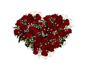 red heart-shaped bouquet of roses isolated on white background with clipping path