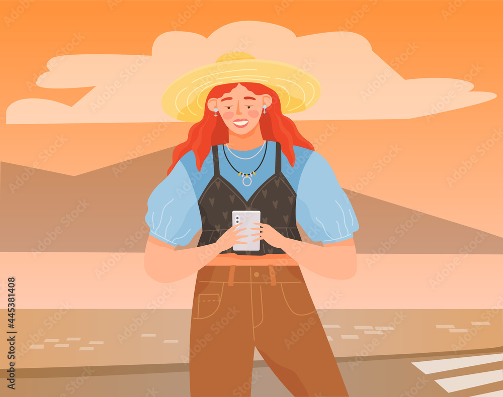 Aufkleber woman with smartphone is communicating on abstract background. female character using mobile device 
