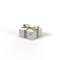 White christmas present with gold texture bow on the white background in perspective view, festive decoration, for marketing promotion, copy space, for sale purposes