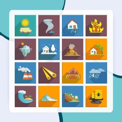 Natural disaster icons set with tide volcano erupting earthquake flood isolated vector illustration