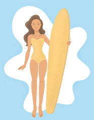 Surfing brunette girl in yellow swimsuit standing with surfboard. Surfer summer beach travel vacation, sport active lifestyle. Colorful flat cartoon hand drawn vector illustration grain texture style.