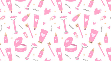 Skincare cosmetic pattern. Cute face care products seamless pattern. Pink cosmetic bottles, lotion and serum icon collection. Colorful hand drawn flat cartoon vector seamless pattern design.