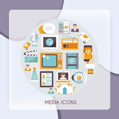 Mass media concept with social blog multimedia industry icons set vector illustration