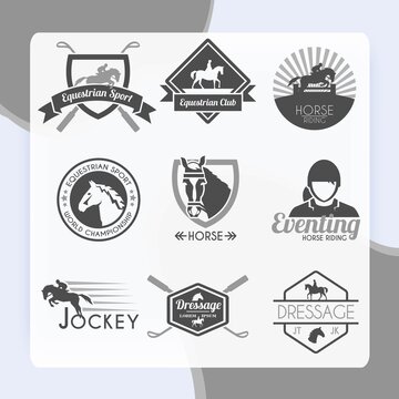 Jockey label dressage sport club emblems black set isolated vector illustration